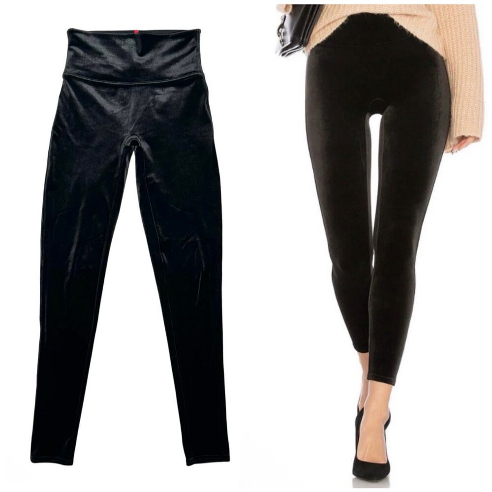 Spanx | Women | Solid Black Velvet 7/8 Length Stretch Leggings | Size Medium